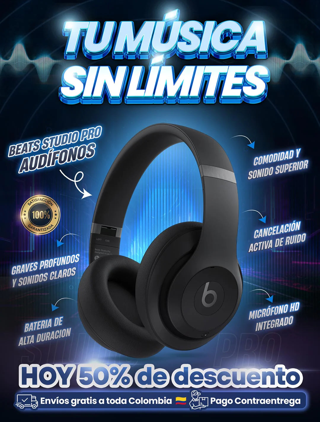 Beats Studio Pro - Sonido Premium + Cancelación de Ruido + Micrófono HD